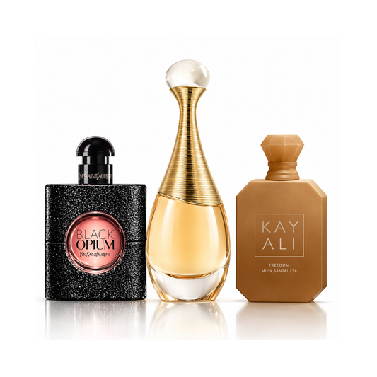 Zestaw 3 perfum | Black Opium YSL Eau de Parfum – 90 ml | J’adore Dior Eau de Parfum – 100 ml | Freedom Musk Santal | 34 Kayali Eau de Parfum – 100 ml