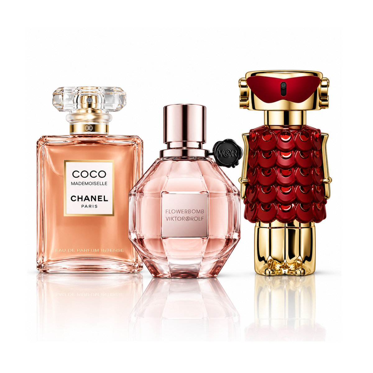 Zestaw 3 perfum | Coco Mademoiselle Chanel Eau de Parfum – 100 ml | Flowerbomb Viktor&Rolf Eau de Parfum – 100 ml | Fame In Love Rabanne Parfum Elixir – 80 ml